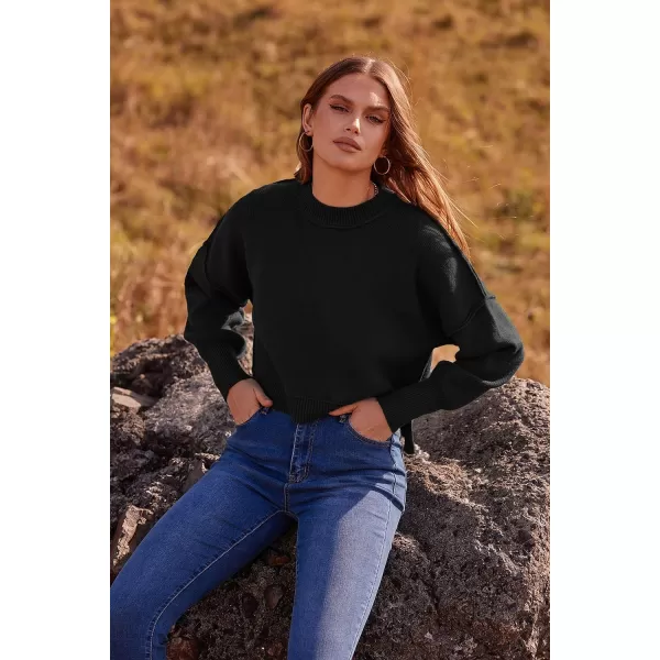 imagePRETTYGARDEN Womens Fall Clothes Cropped Sweaters Long Sleeve Crewneck Knit Pullover Oversized Jumper TopsSolid Black