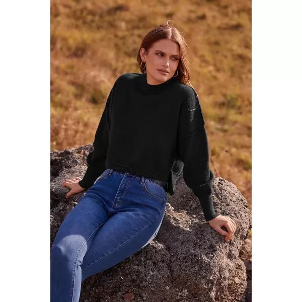 imagePRETTYGARDEN Womens Fall Clothes Cropped Sweaters Long Sleeve Crewneck Knit Pullover Oversized Jumper TopsSolid Black