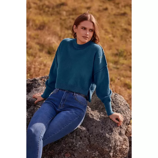 imagePRETTYGARDEN Womens Fall Clothes Cropped Sweaters Long Sleeve Crewneck Knit Pullover Oversized Jumper TopsSolid Blue Grey
