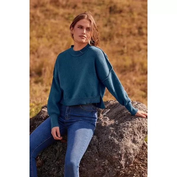 imagePRETTYGARDEN Womens Fall Clothes Cropped Sweaters Long Sleeve Crewneck Knit Pullover Oversized Jumper TopsSolid Blue Grey