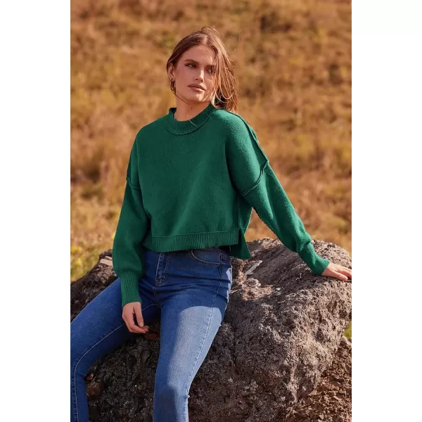 imagePRETTYGARDEN Womens Fall Clothes Cropped Sweaters Long Sleeve Crewneck Knit Pullover Oversized Jumper TopsSolid Dark Green