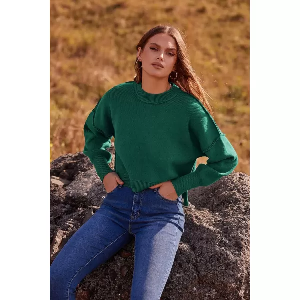imagePRETTYGARDEN Womens Fall Clothes Cropped Sweaters Long Sleeve Crewneck Knit Pullover Oversized Jumper TopsSolid Dark Green