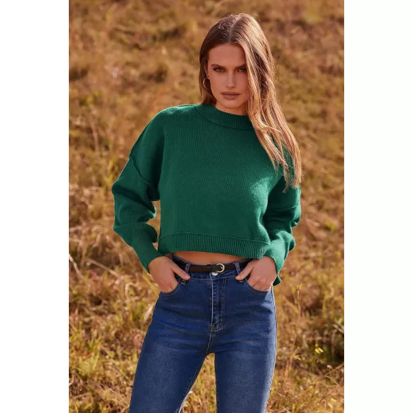 imagePRETTYGARDEN Womens Fall Clothes Cropped Sweaters Long Sleeve Crewneck Knit Pullover Oversized Jumper TopsSolid Dark Green