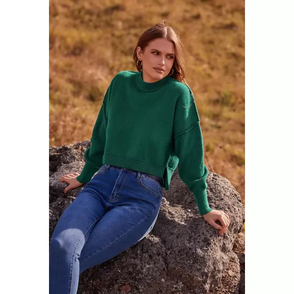 imagePRETTYGARDEN Womens Fall Clothes Cropped Sweaters Long Sleeve Crewneck Knit Pullover Oversized Jumper TopsSolid Dark Green