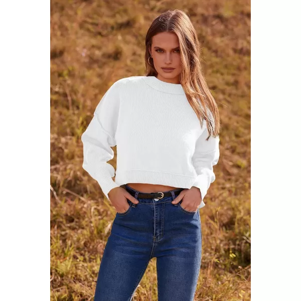 imagePRETTYGARDEN Womens Fall Clothes Cropped Sweaters Long Sleeve Crewneck Knit Pullover Oversized Jumper TopsSolid White