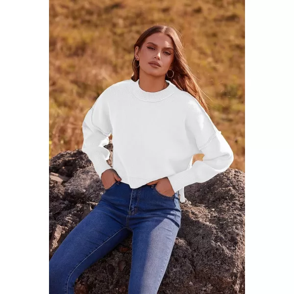imagePRETTYGARDEN Womens Fall Clothes Cropped Sweaters Long Sleeve Crewneck Knit Pullover Oversized Jumper TopsSolid White