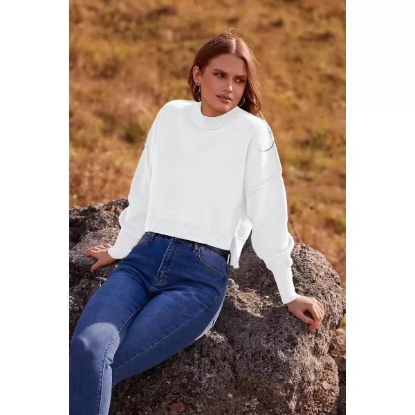 imagePRETTYGARDEN Womens Fall Clothes Cropped Sweaters Long Sleeve Crewneck Knit Pullover Oversized Jumper TopsSolid White