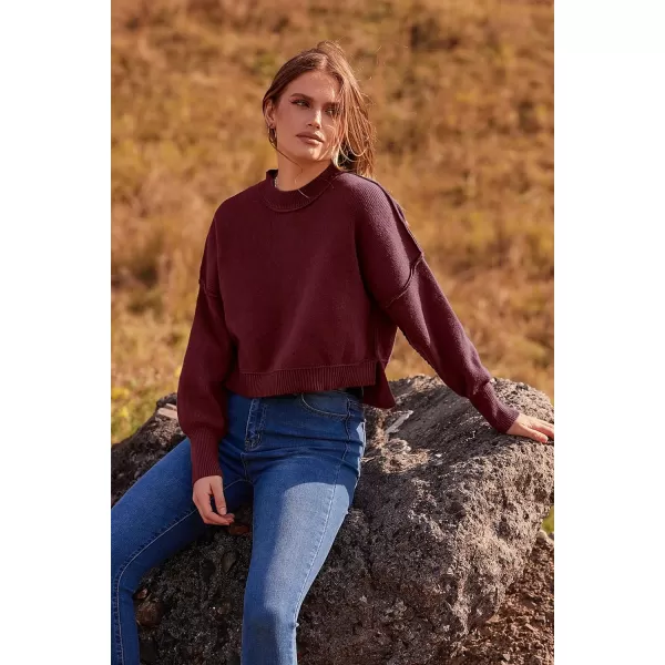 imagePRETTYGARDEN Womens Fall Clothes Cropped Sweaters Long Sleeve Crewneck Knit Pullover Oversized Jumper TopsSolid Wine Red