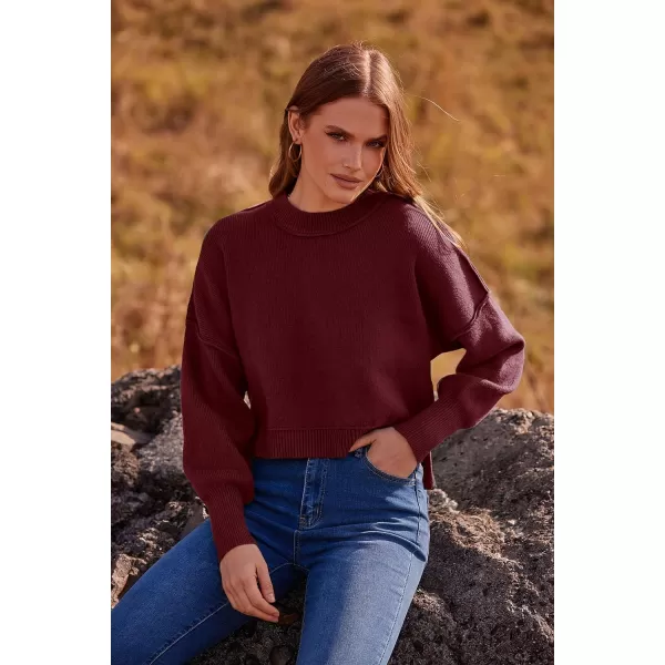 imagePRETTYGARDEN Womens Fall Clothes Cropped Sweaters Long Sleeve Crewneck Knit Pullover Oversized Jumper TopsSolid Wine Red