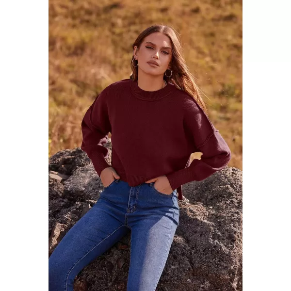 imagePRETTYGARDEN Womens Fall Clothes Cropped Sweaters Long Sleeve Crewneck Knit Pullover Oversized Jumper TopsSolid Wine Red