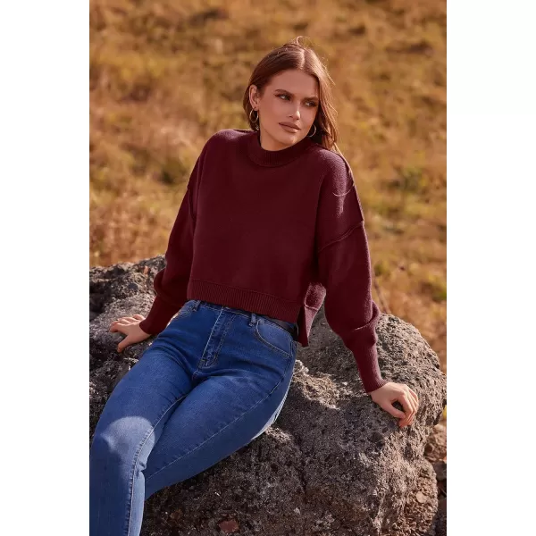 imagePRETTYGARDEN Womens Fall Clothes Cropped Sweaters Long Sleeve Crewneck Knit Pullover Oversized Jumper TopsSolid Wine Red