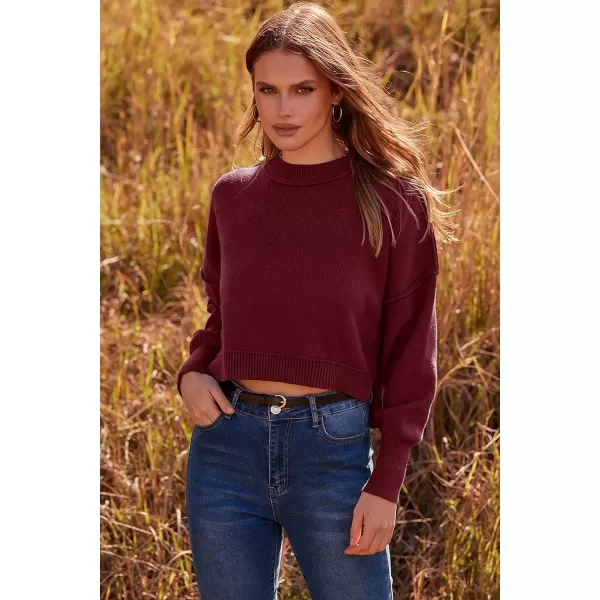 imagePRETTYGARDEN Womens Fall Clothes Cropped Sweaters Long Sleeve Crewneck Knit Pullover Oversized Jumper TopsSolid Wine Red