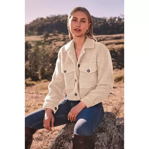 imagePRETTYGARDEN Womens Fall Clothes Sherpa Shacket Jacket Fuzzy Fleece Lapel Button Down Cropped Coat OuterwearBeige