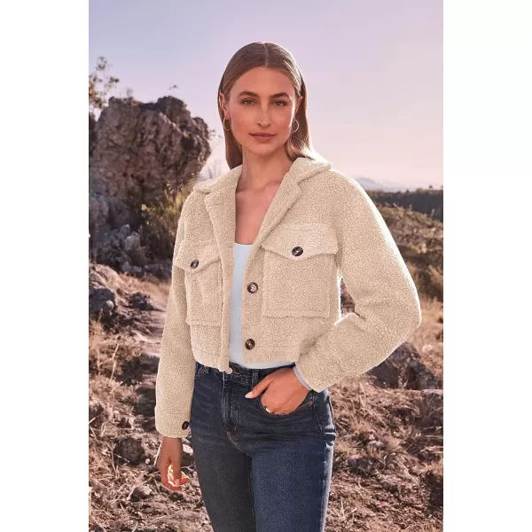 imagePRETTYGARDEN Womens Fall Clothes Sherpa Shacket Jacket Fuzzy Fleece Lapel Button Down Cropped Coat OuterwearBeige