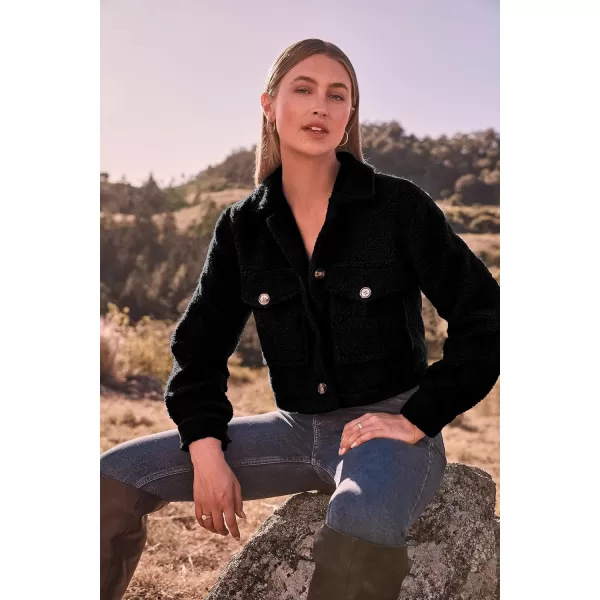 imagePRETTYGARDEN Womens Fall Clothes Sherpa Shacket Jacket Fuzzy Fleece Lapel Button Down Cropped Coat OuterwearBlack