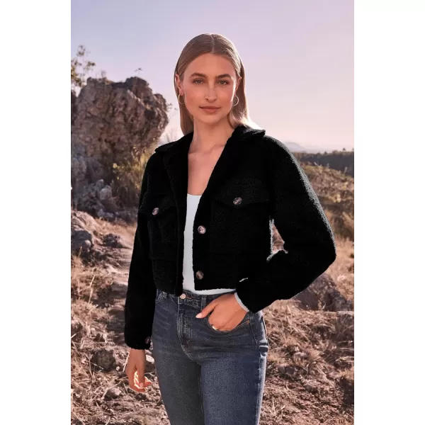 imagePRETTYGARDEN Womens Fall Clothes Sherpa Shacket Jacket Fuzzy Fleece Lapel Button Down Cropped Coat OuterwearBlack