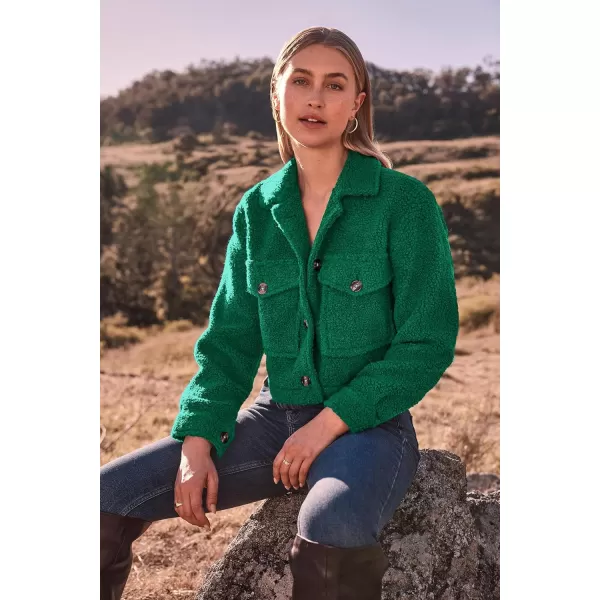 imagePRETTYGARDEN Womens Fall Clothes Sherpa Shacket Jacket Fuzzy Fleece Lapel Button Down Cropped Coat OuterwearGreen