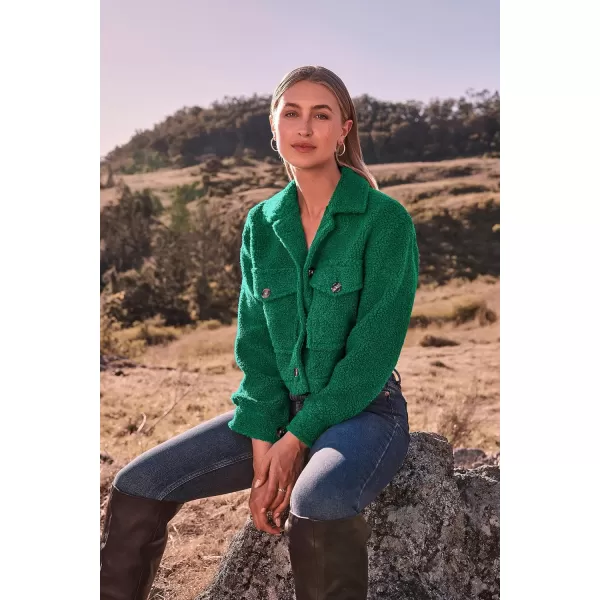imagePRETTYGARDEN Womens Fall Clothes Sherpa Shacket Jacket Fuzzy Fleece Lapel Button Down Cropped Coat OuterwearGreen