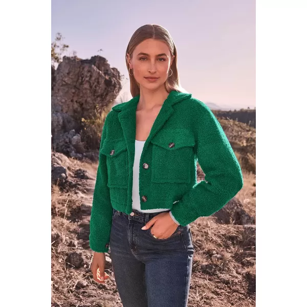 imagePRETTYGARDEN Womens Fall Clothes Sherpa Shacket Jacket Fuzzy Fleece Lapel Button Down Cropped Coat OuterwearGreen