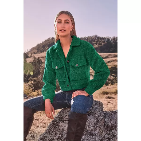 imagePRETTYGARDEN Womens Fall Clothes Sherpa Shacket Jacket Fuzzy Fleece Lapel Button Down Cropped Coat OuterwearGreen