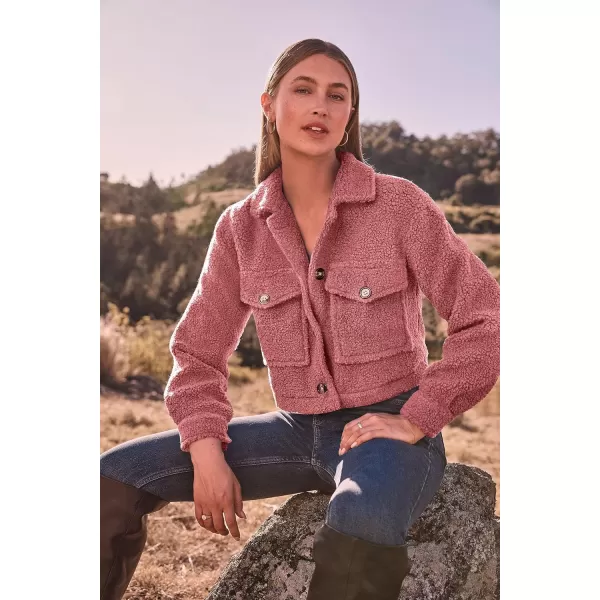 imagePRETTYGARDEN Womens Fall Clothes Sherpa Shacket Jacket Fuzzy Fleece Lapel Button Down Cropped Coat OuterwearGrey Pink
