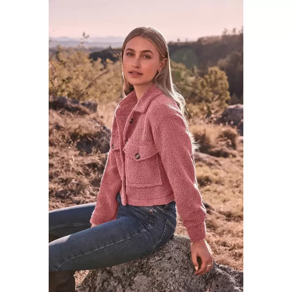 imagePRETTYGARDEN Womens Fall Clothes Sherpa Shacket Jacket Fuzzy Fleece Lapel Button Down Cropped Coat OuterwearGrey Pink