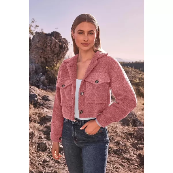 imagePRETTYGARDEN Womens Fall Clothes Sherpa Shacket Jacket Fuzzy Fleece Lapel Button Down Cropped Coat OuterwearGrey Pink