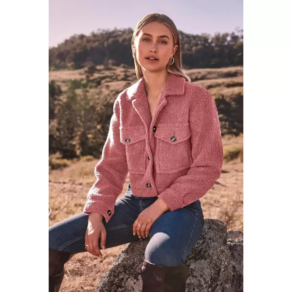 imagePRETTYGARDEN Womens Fall Clothes Sherpa Shacket Jacket Fuzzy Fleece Lapel Button Down Cropped Coat OuterwearGrey Pink