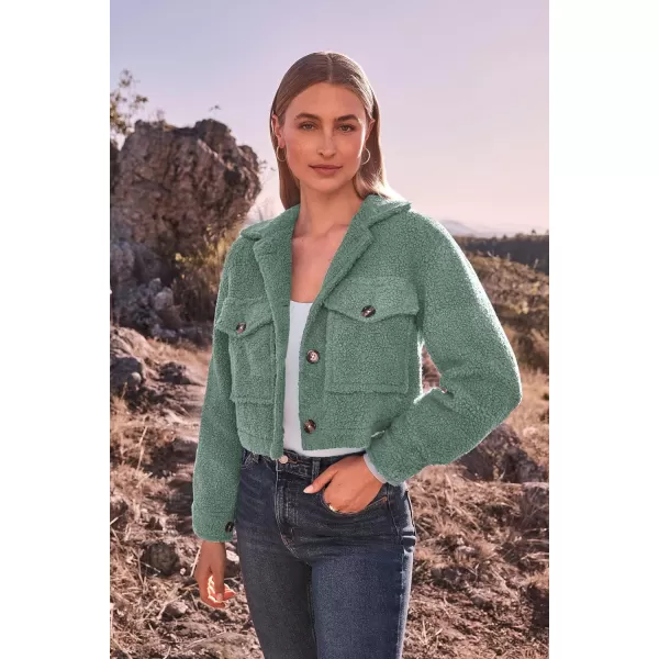 imagePRETTYGARDEN Womens Fall Clothes Sherpa Shacket Jacket Fuzzy Fleece Lapel Button Down Cropped Coat OuterwearLight Green