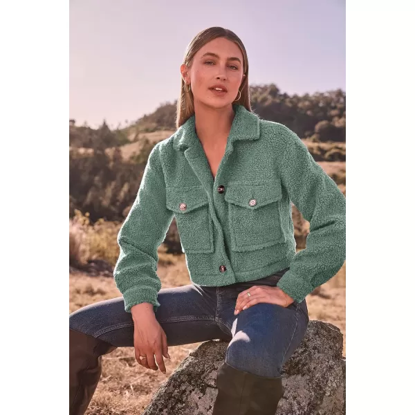 imagePRETTYGARDEN Womens Fall Clothes Sherpa Shacket Jacket Fuzzy Fleece Lapel Button Down Cropped Coat OuterwearLight Green