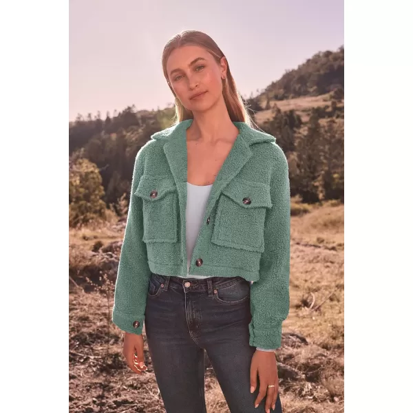 imagePRETTYGARDEN Womens Fall Clothes Sherpa Shacket Jacket Fuzzy Fleece Lapel Button Down Cropped Coat OuterwearLight Green