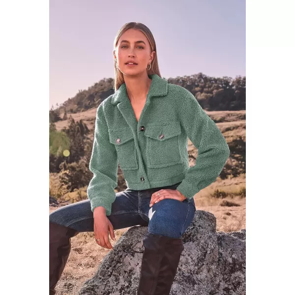 imagePRETTYGARDEN Womens Fall Clothes Sherpa Shacket Jacket Fuzzy Fleece Lapel Button Down Cropped Coat OuterwearLight Green
