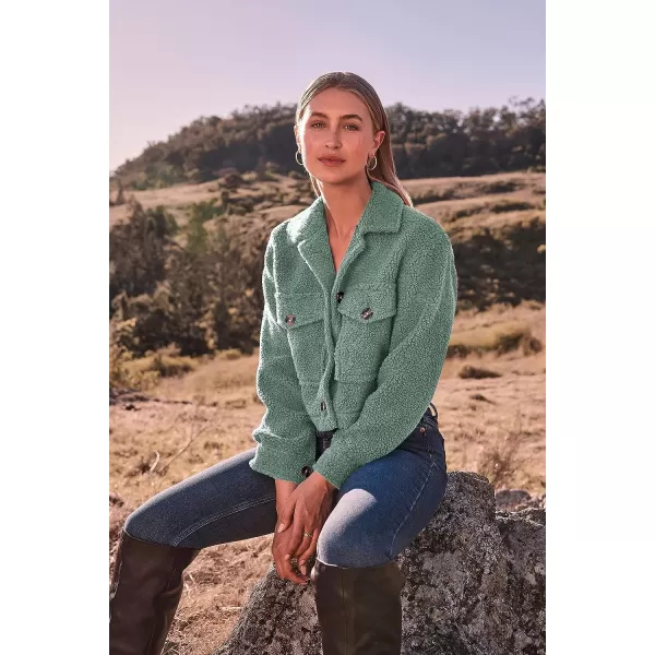 imagePRETTYGARDEN Womens Fall Clothes Sherpa Shacket Jacket Fuzzy Fleece Lapel Button Down Cropped Coat OuterwearLight Green