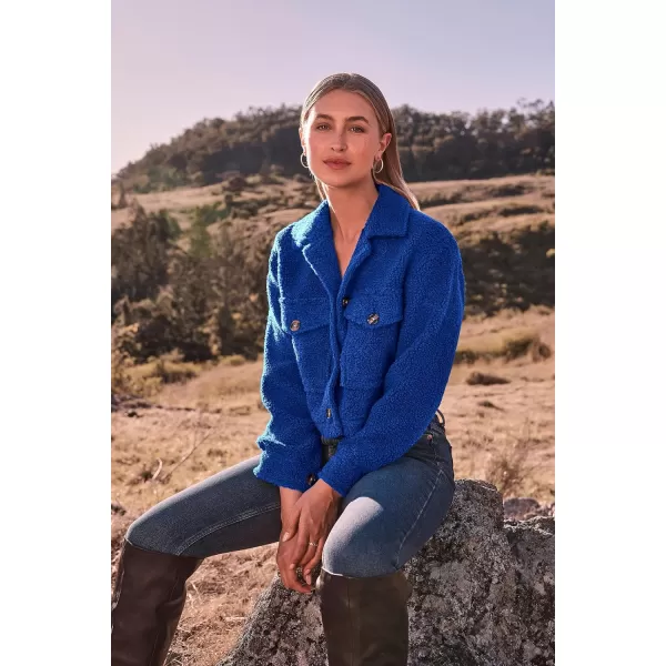 imagePRETTYGARDEN Womens Fall Clothes Sherpa Shacket Jacket Fuzzy Fleece Lapel Button Down Cropped Coat OuterwearRoyal Blue