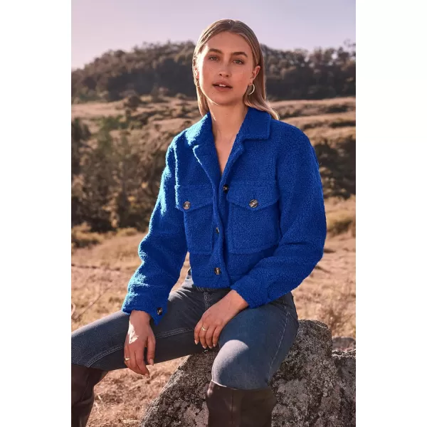 imagePRETTYGARDEN Womens Fall Clothes Sherpa Shacket Jacket Fuzzy Fleece Lapel Button Down Cropped Coat OuterwearRoyal Blue