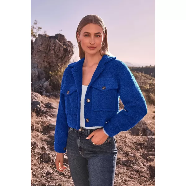 imagePRETTYGARDEN Womens Fall Clothes Sherpa Shacket Jacket Fuzzy Fleece Lapel Button Down Cropped Coat OuterwearRoyal Blue