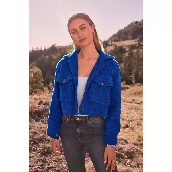 imagePRETTYGARDEN Womens Fall Clothes Sherpa Shacket Jacket Fuzzy Fleece Lapel Button Down Cropped Coat OuterwearRoyal Blue