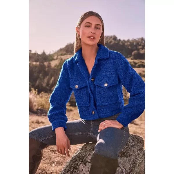 imagePRETTYGARDEN Womens Fall Clothes Sherpa Shacket Jacket Fuzzy Fleece Lapel Button Down Cropped Coat OuterwearRoyal Blue