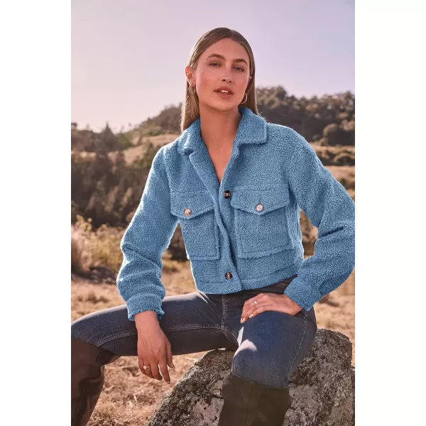 imagePRETTYGARDEN Womens Fall Clothes Sherpa Shacket Jacket Fuzzy Fleece Lapel Button Down Cropped Coat OuterwearSky Blue