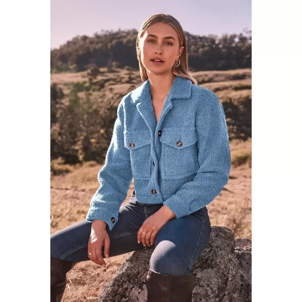 imagePRETTYGARDEN Womens Fall Clothes Sherpa Shacket Jacket Fuzzy Fleece Lapel Button Down Cropped Coat OuterwearSky Blue