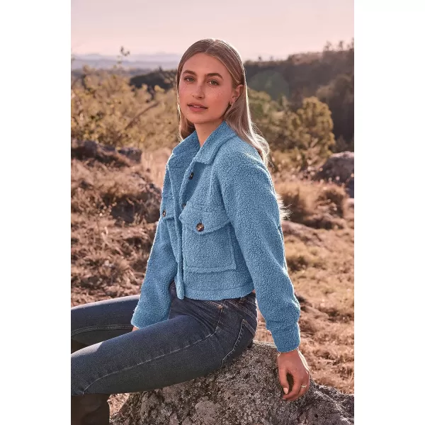 imagePRETTYGARDEN Womens Fall Clothes Sherpa Shacket Jacket Fuzzy Fleece Lapel Button Down Cropped Coat OuterwearSky Blue