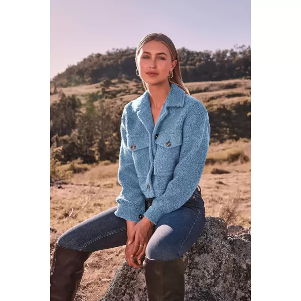 imagePRETTYGARDEN Womens Fall Clothes Sherpa Shacket Jacket Fuzzy Fleece Lapel Button Down Cropped Coat OuterwearSky Blue