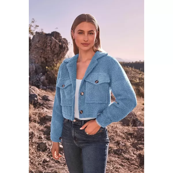 imagePRETTYGARDEN Womens Fall Clothes Sherpa Shacket Jacket Fuzzy Fleece Lapel Button Down Cropped Coat OuterwearSky Blue