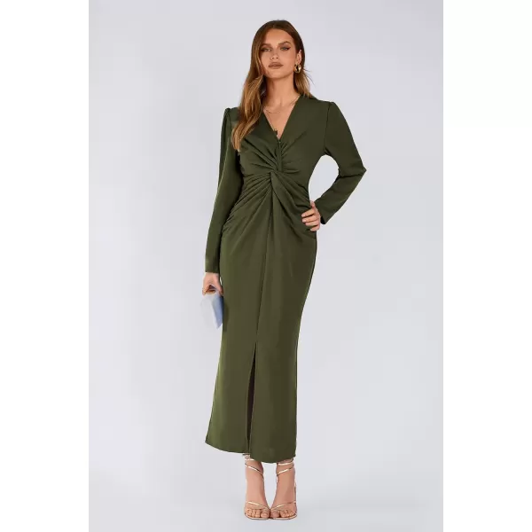 imagePRETTYGARDEN Womens Fall Fashion 2023 Long Puff Sleeve Maxi Dresses V Neck Twist Front Formal Dress with SlitArmy Green