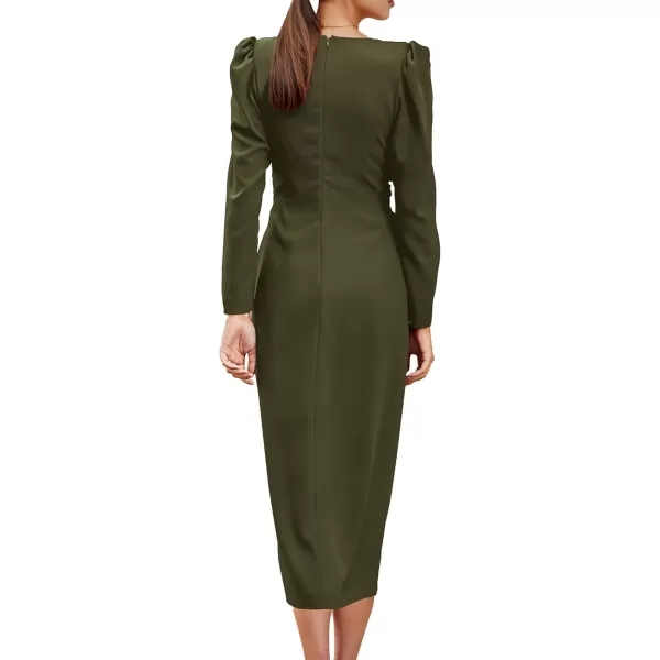 imagePRETTYGARDEN Womens Fall Fashion 2023 Long Puff Sleeve Maxi Dresses V Neck Twist Front Formal Dress with SlitArmy Green