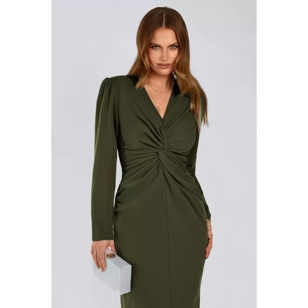 imagePRETTYGARDEN Womens Fall Fashion 2023 Long Puff Sleeve Maxi Dresses V Neck Twist Front Formal Dress with SlitArmy Green