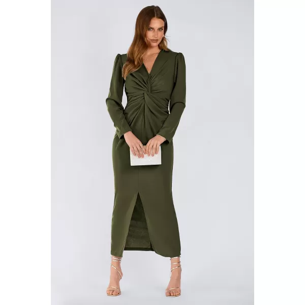 imagePRETTYGARDEN Womens Fall Fashion 2023 Long Puff Sleeve Maxi Dresses V Neck Twist Front Formal Dress with SlitArmy Green