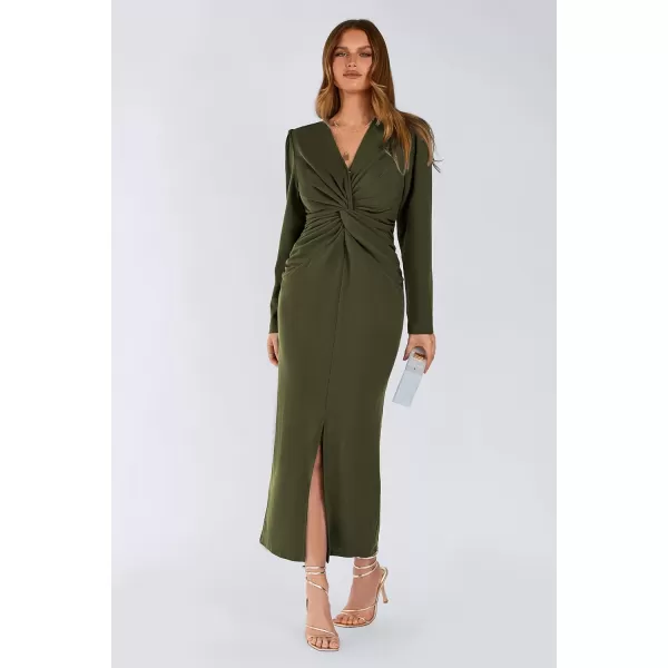 imagePRETTYGARDEN Womens Fall Fashion 2023 Long Puff Sleeve Maxi Dresses V Neck Twist Front Formal Dress with SlitArmy Green