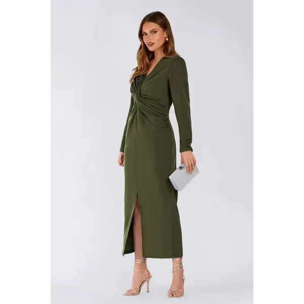imagePRETTYGARDEN Womens Fall Fashion 2023 Long Puff Sleeve Maxi Dresses V Neck Twist Front Formal Dress with SlitArmy Green
