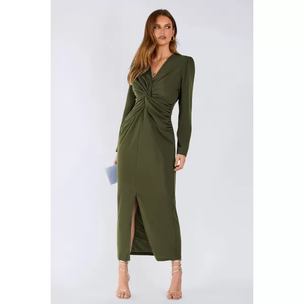 imagePRETTYGARDEN Womens Fall Fashion 2023 Long Puff Sleeve Maxi Dresses V Neck Twist Front Formal Dress with SlitArmy Green